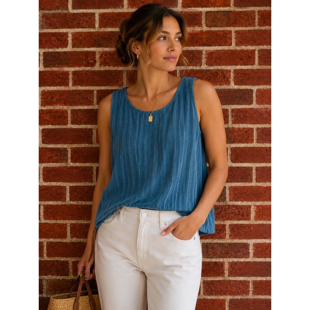 Rachel Zoe Blue Pleated Velvet Sleeveless Tank Top XL Textured Stretch Blouse - Picture 3 of 12